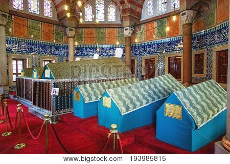 ISTANBUL TURKEY - MAY 2 2017: Tomb of the legendary turkish sultan Suleyman inside his turbe located near Suleymaniye mosque Istanbul.