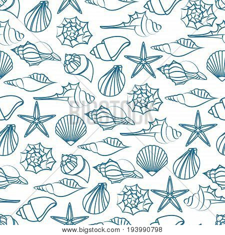 Vector blue line seamless pattern texture of seashells