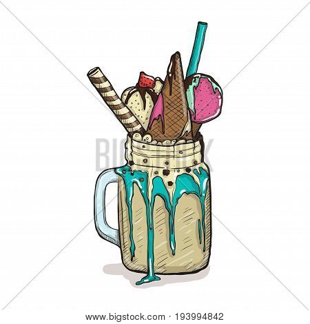 cartoon Style Milkshake with waffles strawberries and ice cream. Hand Drawn Creative Dessert isolated. Vector illustration.