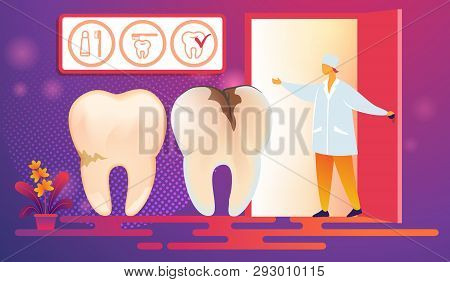 Female Stomatologist Doctor Open Dentist Cabinet Door To Invite Patient For Treatment. Bad Teeth Wit