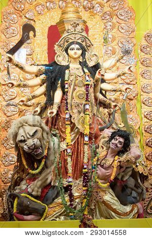 Kolkata, India - October 7, 2016: Potrait Of Goddess Durga Idol At A South Kolkata Famous Durga Puja