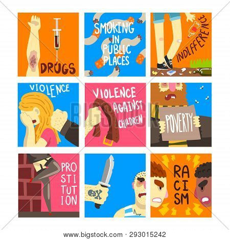 Social Problems Set, Banner Templates About Indifference, Drugs, Smoking In Public Places, Violence,
