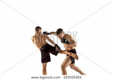 Mma. Two Professional Fightesr Punching Or Boxing Isolated On White Studio Background. Couple Of Fit