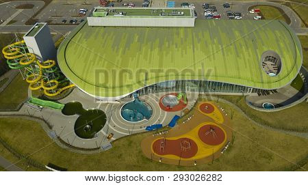 Koszalin, Poland - 30 March 2019 - Aerial View On Aquapark With Parking And Green Park In Koszalin C