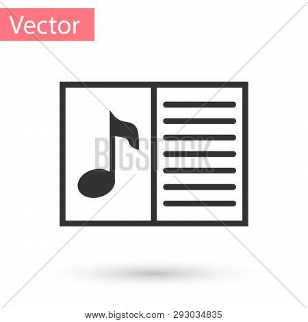 Grey Music Book With Note Icon Isolated On White Background. Music Sheet With Note Stave. Notebook F