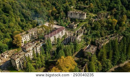 An Abandoned City, A Ghost Town, Akarmara. Aerial Viewlocated Near Tkvarcheli. Abkhazia. Georgia.