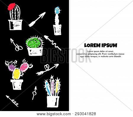 Template Cover With Pattern Of Cactus In Pots, Arrows On Black. Hand Drawn Brush Texture. Vector Pri