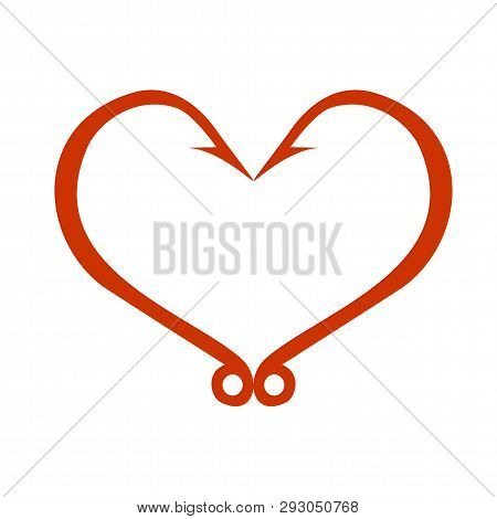 Red Heart Icon Isolated On White. Fish Hooks In Heart Shape. The Concept Of Love Of Fishing. Vector 