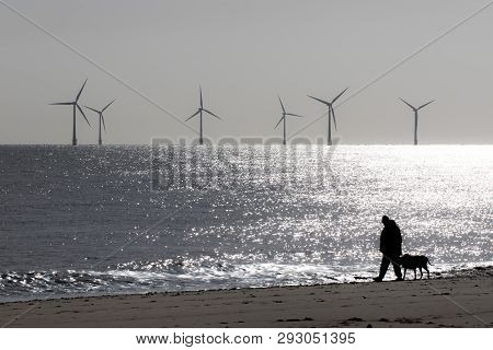 Loneliness And Solitude. Peaceful Landscape Image Of Lonely Person Walking A Dog. Mans Best Friend. 