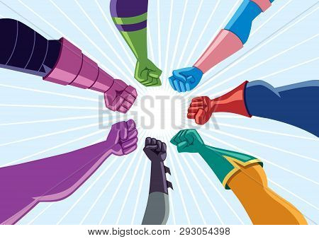 Conceptual Illustration Depicting Team Of Superheroes Assembling Against Common Enemy.