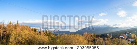 Panoramic View Over Postavarului And Piatra Mare Mountains Seen From Predeal