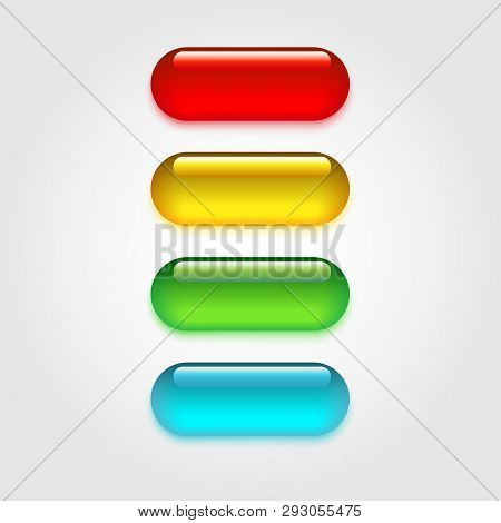 Realistic Glass Buttons Isolated On Light Background. Set Of Colorfull Pillss. Vector Illustration.