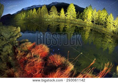 Mountain Lake Grindjisee On A Starry Night