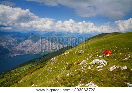 View of the Lake Garda from Monte Baldo, Italy.Panorama of the gorgeous Garda lake surrounded by mountains.