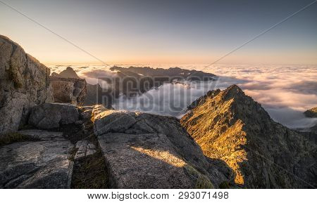 Mountains Landscape With Inversion In The Valley At Sunset As Seen From Rysy Peak In High Tatras, Sl