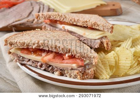 Healthy Roast Beef & Swiss Chese Sandwich On Spouted Multi-grain Bread
