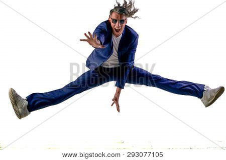 Confident Smart Looking Man Laughing And Jumping Up, Enjoying His Success - Wearing Siut, Isolated O