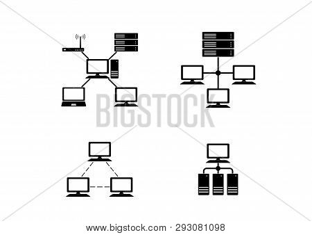 Lan Computer Network Icon Set, Black And White Isolated Internet And Pc Connection Sign.