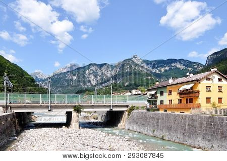 Pontebba, Italy - Circa August 2017. View Of Dry River Bed Pontebbana In Sunny Day. Beautiful Sky An