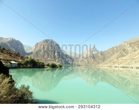 View Of Beautiful Iskanderkul Lake In Fan Mountains, Tajikistan, Central Asia