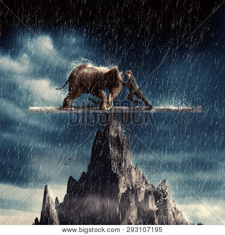 Man And An Elephant Pushing Eachother And Balacing On Top Of A Peak In The Rain.