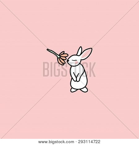 Rabbit Sniffing Bud Of A Red Flower. Funny Bunny. Hand Drawn Elements