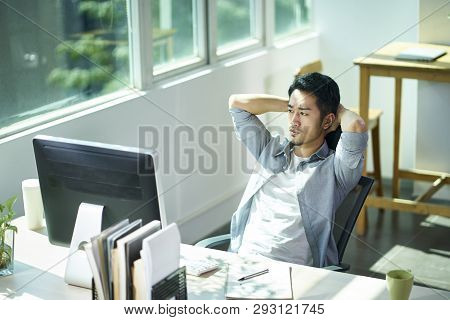Young Asian Business Man Entrepreneur Contemplating In Office, Hands Behind Head Frowning.