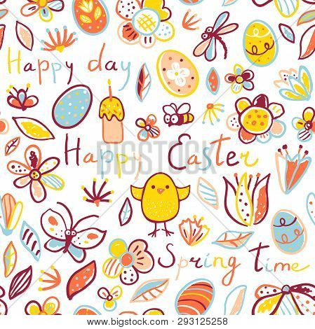 Vector Happy Easter Seamless Pattern In Doodle Style. Easter Seamless Pattern With Eggs, Flowers, Ch