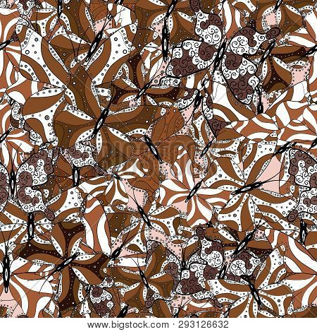 Vector Design. Butterfly Floral Pattern On Tropical Theme. Cute Butterfly Seamless Pattern In Brown,