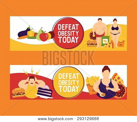 Obesity Concept Set Of Banners Vector Illustration. Make Your Choice Between Healthy And Junk Food. 
