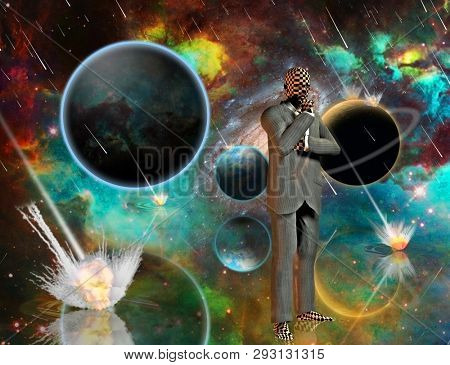 Planetary Armageddon. Massive meteorite - asteroid shower destroy planets. Thinking businessman. 3D rendering