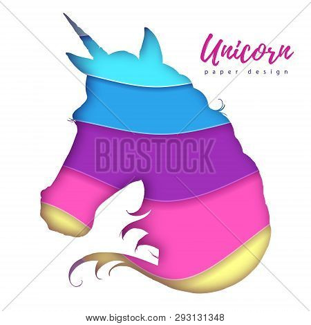 Fantasy Animal Horse Unicorn Silhouette. Cut Out Paper Art Style Design.