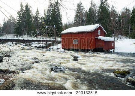 Long Exposure Photo. Dam And Threshold On The River Jokelanjoki, Kouvola, Finland