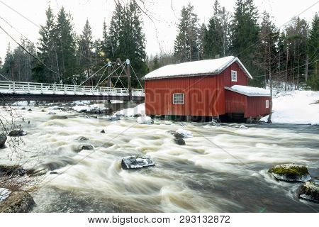 Long Exposure Photo. Dam And Threshold On The River Jokelanjoki, Kouvola, Finland