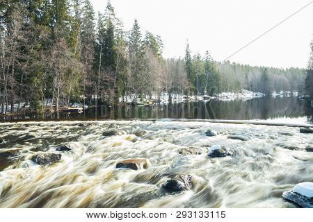 Long Exposure Photo. Dam And Threshold On The River Jokelanjoki, Kouvola, Finland
