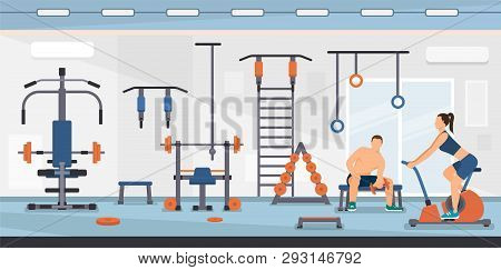 Flat Vector Illustration Training On Simulators. Professional Athletes Prepare For Competitions By T