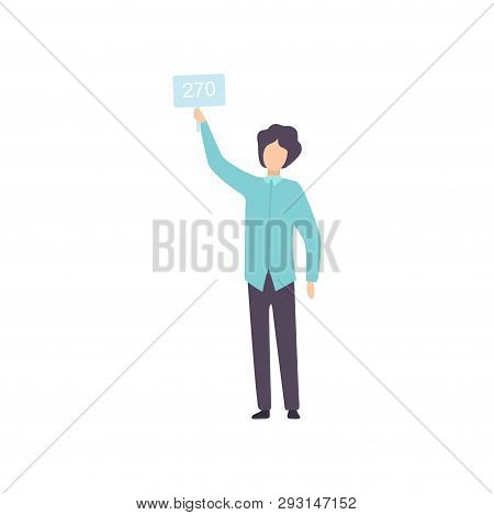 Man Bidding In Public Auction House, Bidder Raising Auction Paddle With Number To Buy Piece Of Art V