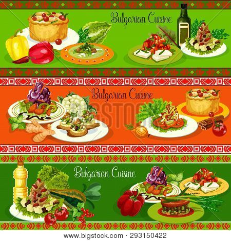 Bulgarian Cuisine Vegetable Dishes With Meat And Cheese. Vector Cabbage And Pepper Salads, Tomato Eg