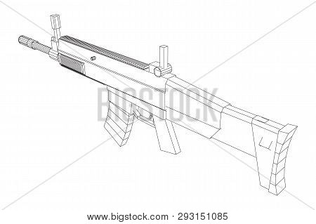 Assault Rifle, Automatic Fire Rifle Model Wireframe Low Poly Mesh Vector Illustration