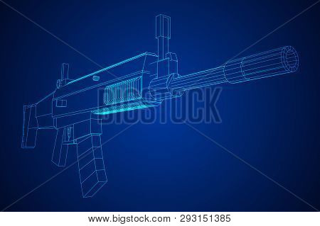 Assault Rifle, Automatic Fire Rifle Model Wireframe Low Poly Mesh Vector Illustration