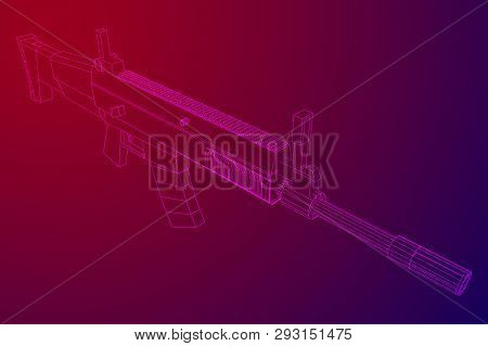 Assault Rifle, Automatic Fire Rifle Model Wireframe Low Poly Mesh Vector Illustration