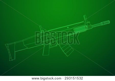 Assault Rifle, Automatic Fire Rifle Model Wireframe Low Poly Mesh Vector Illustration