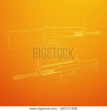 Assault Rifle, Automatic Fire Rifle Model Wireframe Low Poly Mesh Vector Illustration