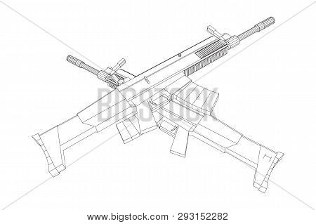 Assault Rifle, Automatic Fire Rifle Model Wireframe Low Poly Mesh Vector Illustration