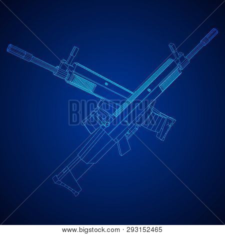 Assault Rifle, Automatic Fire Rifle Model Wireframe Low Poly Mesh Vector Illustration