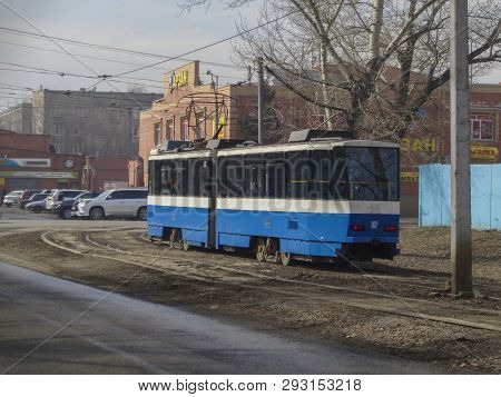 Kazakhstan, Ust-kamenogorsk, March 29, 2019: Tram In The City. Ust-kamenogorsk Tram