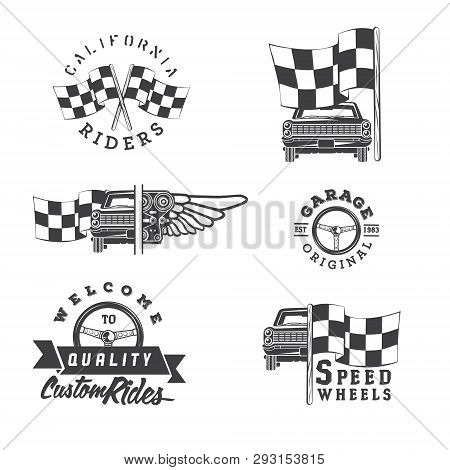 Set Of Vintage Car Labels And Design Elements . Black And White Illustration.