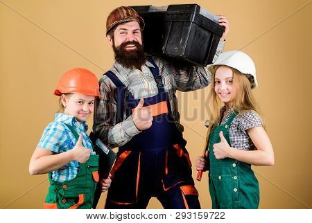 Father Builder Kids Girls. Informal Education. Fathers Day. Sisters Help Father Builder. Our Dad Has