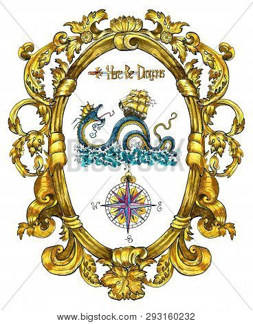 Sea Dragon Monster Leviathan And Old Sailboat In Decorated Frame Isolated On White. Watercolor Nauti