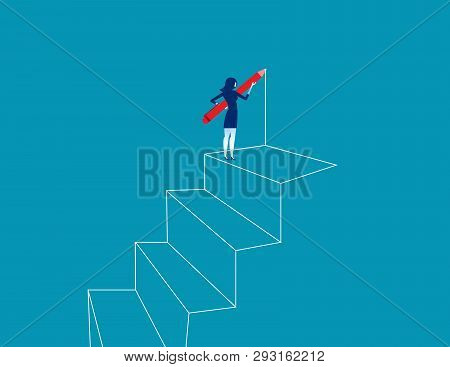 Businesswoman Drawing Outline Of Steps With Pen. Concept Business Vector Illustration.